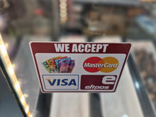 Load image into Gallery viewer, Payment acceptance sign for Visa, MasterCard, and EFTPOS on a blurred background
