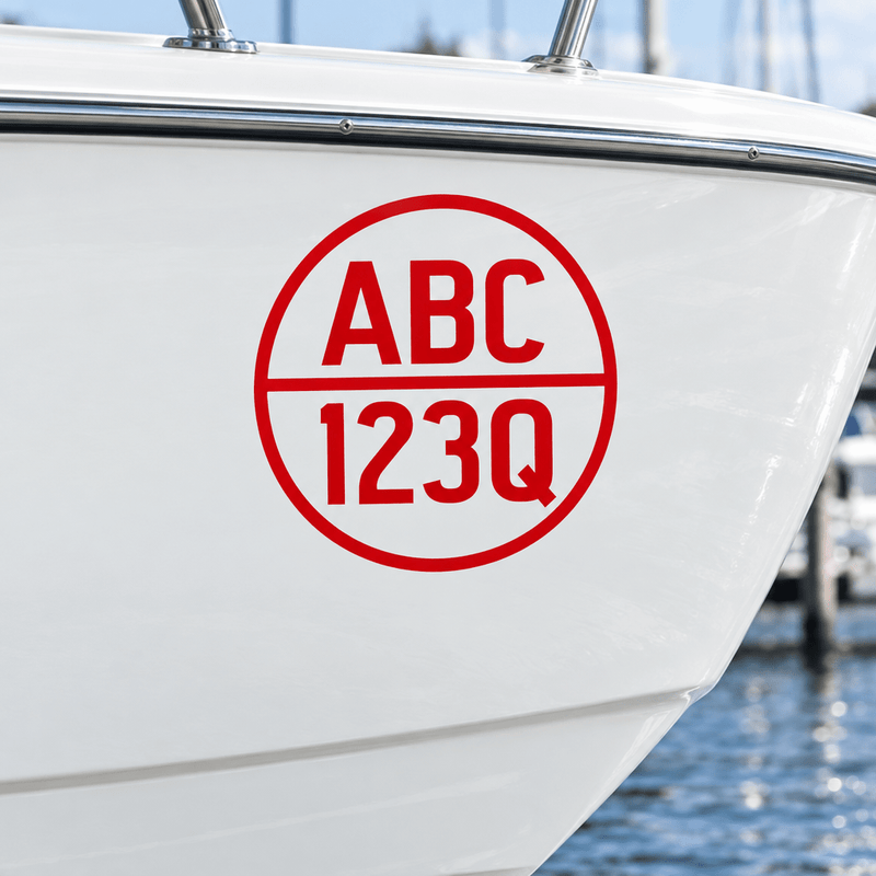 Red cut-vinyl round boat registration decal on a white hull