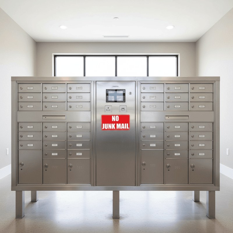 Red landscape on apartment mailboxes