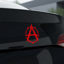 Load image into Gallery viewer, Gothic Thorn Anarchy Symbol Vinyl Sticker Red on glossy black tailgate
