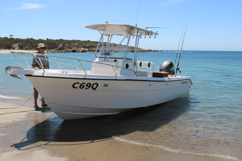 Rego sticker on fishing boat hull at ramp