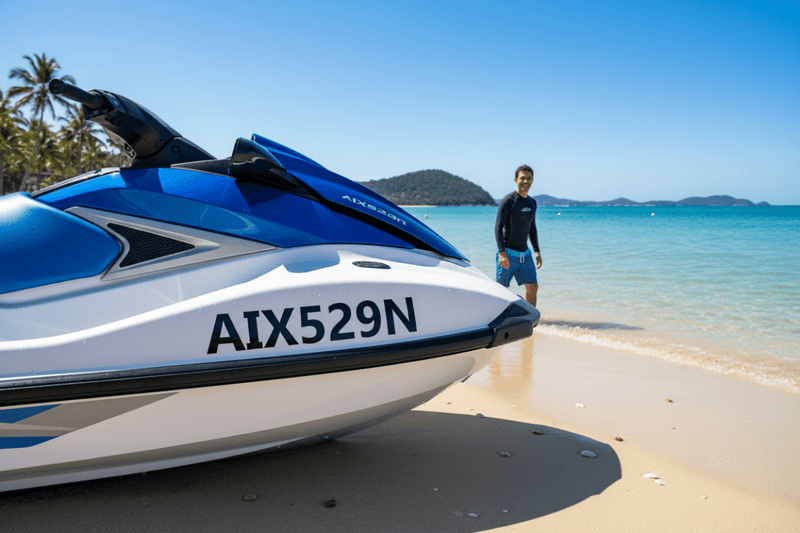 Rego sticker on jet ski Queensland beach