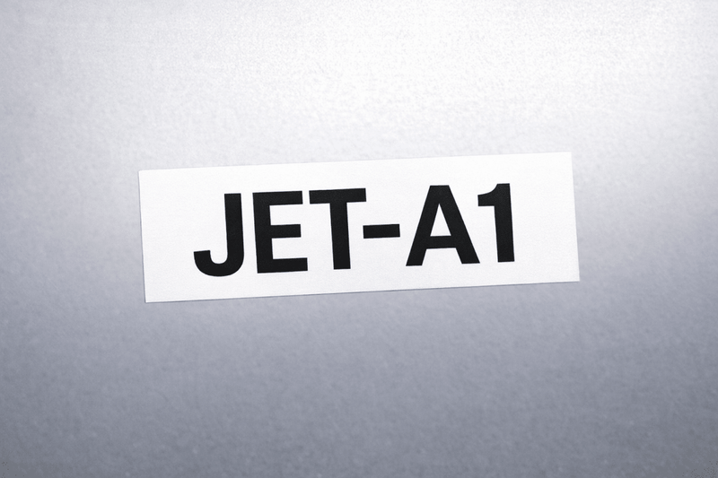 Label with 'JET-A1' text on a metallic surface