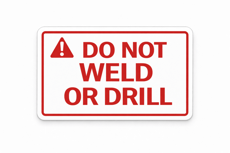 Red warning sign with text 'DO NOT WELD OR DRILL' on a white background