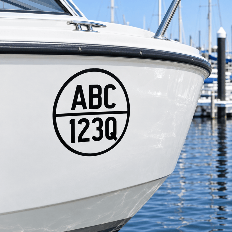 Round boat registration decal on a white fiberglass hull