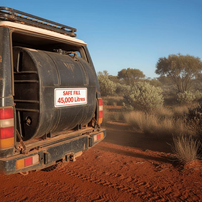 Safe Fill sticker on 4WD auxiliary tank in outback Australia