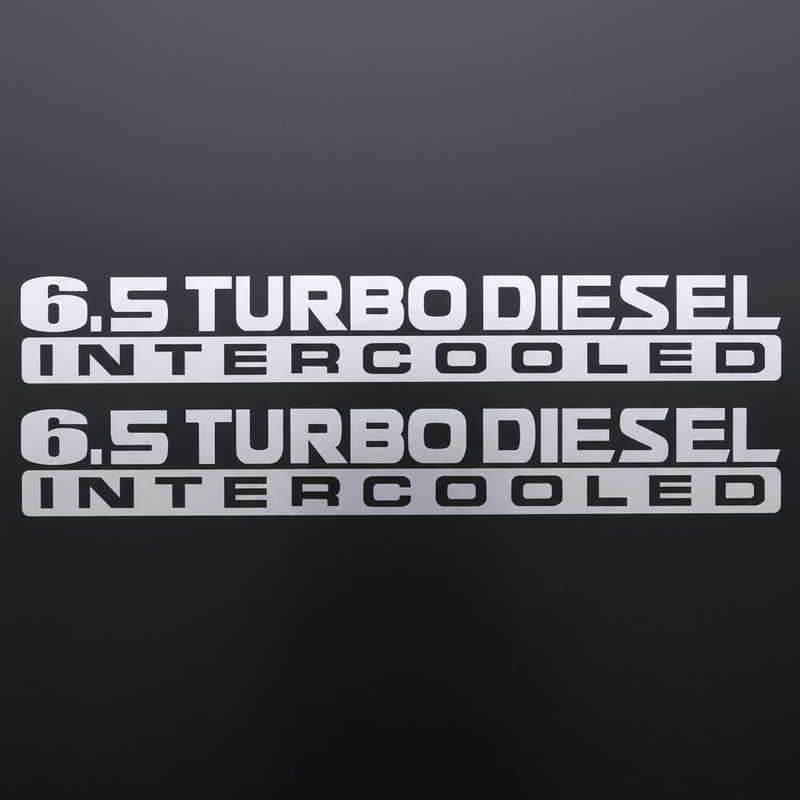 Satin silver-grey 6.5 Turbo Diesel Intercooled stickers on dark background