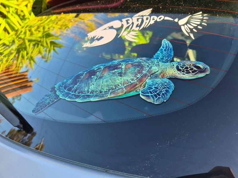 Turtle decal on a car window with another decal above it.