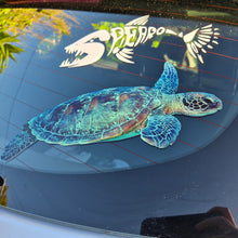Load image into Gallery viewer, Sea turtle decal on a car window with other decals in the background
