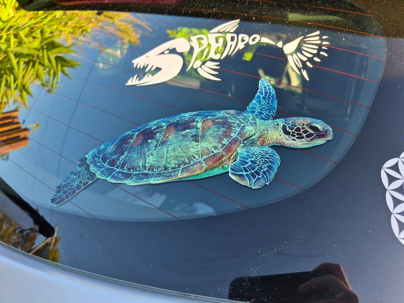 Sea turtle decal on a car window with other decals in the background