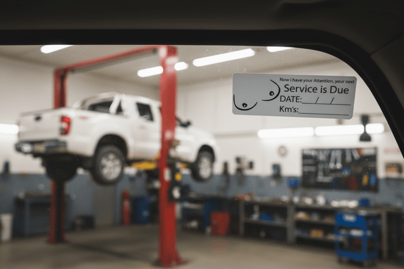 Service due sticker on ute windscreen in workshop