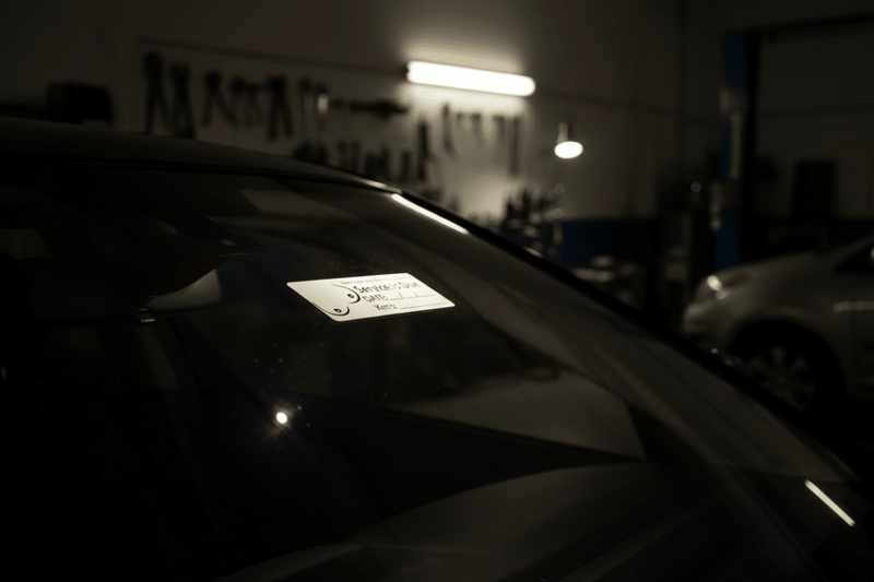 Service due sticker on windscreen at night