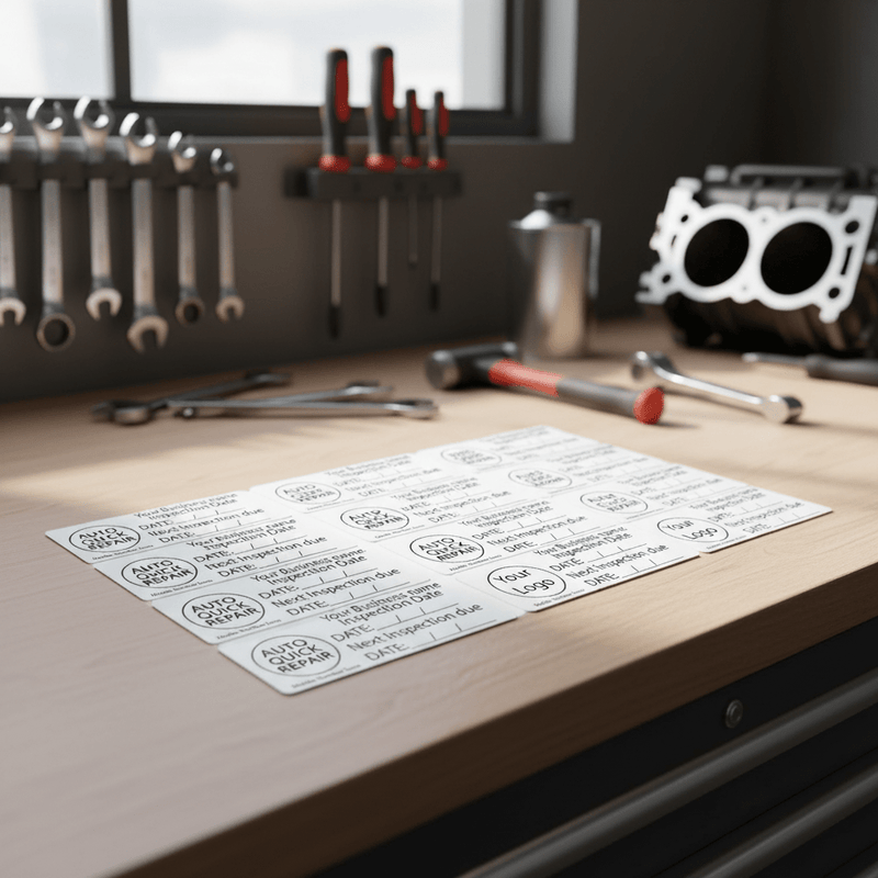 Sheet of 50 custom inspection stickers with workshop logo and details