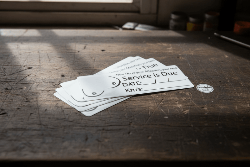 Sheet of novelty service due stickers on workshop bench