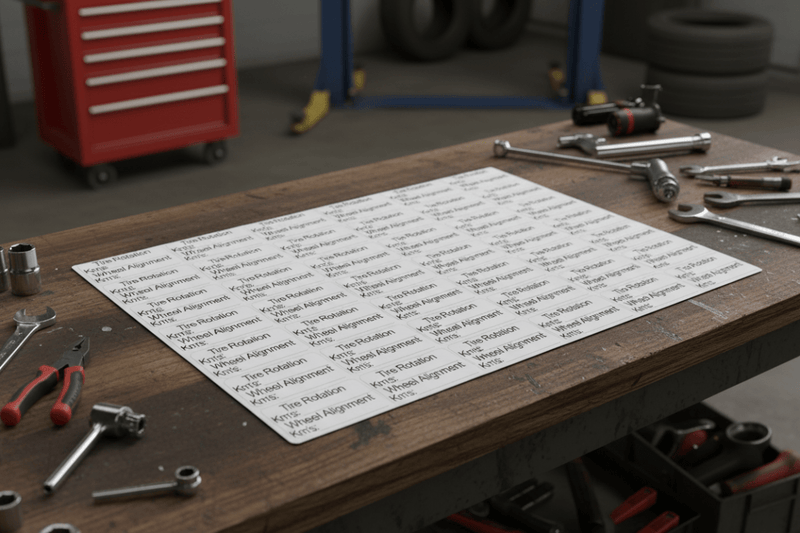Sheet on workbench Tire Rotation & Wheel Alignment Stickers