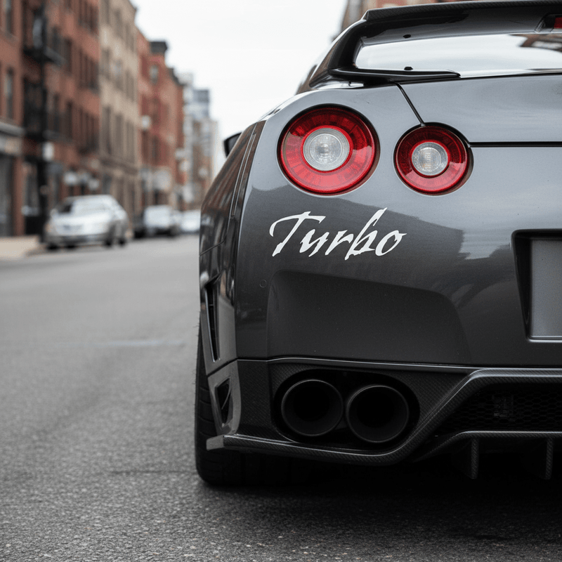 Silver Gothic Turbo sticker on JDM street car bumper