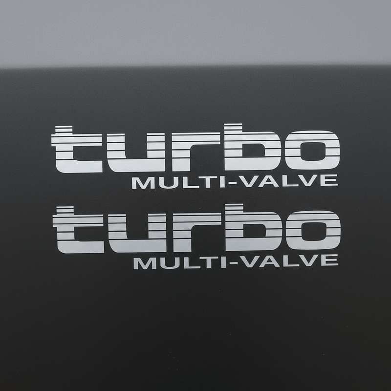 Silver-grey Turbo Multi-Valve stickers on dark background