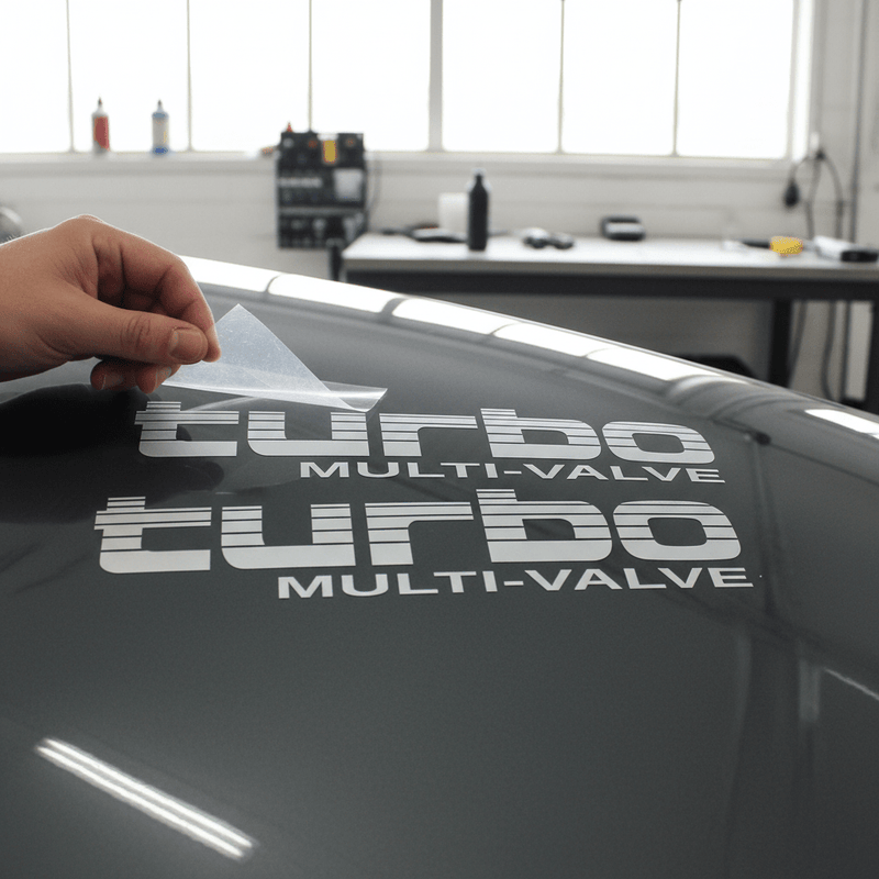 Silver Turbo Multi-Valve sticker being applied with transfer tape peeling back