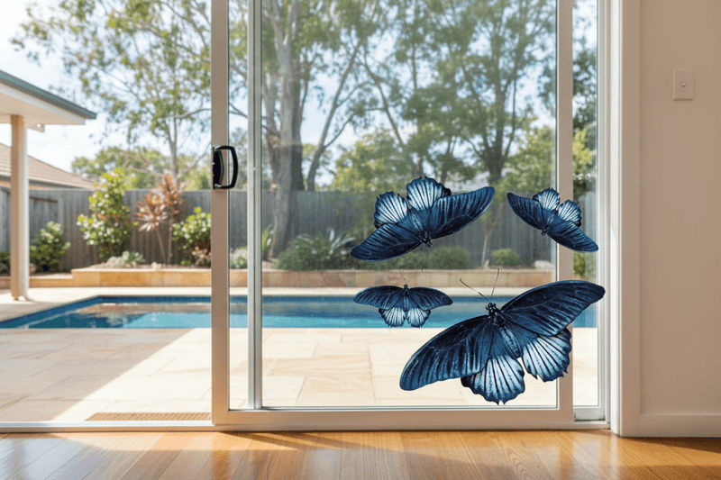 Sliding glass door - interior view blue butterfly