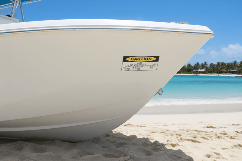 Spearo Caution on Boat on Beach