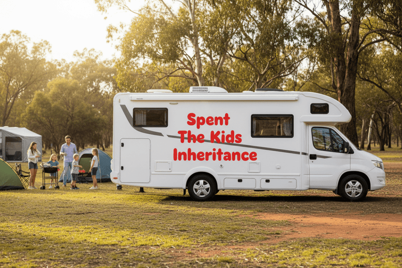 Spent The Kids Inheritance - white motorhome red decal