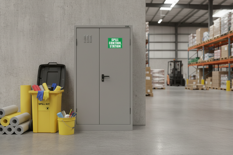 Spill Control Station on metal cabinet