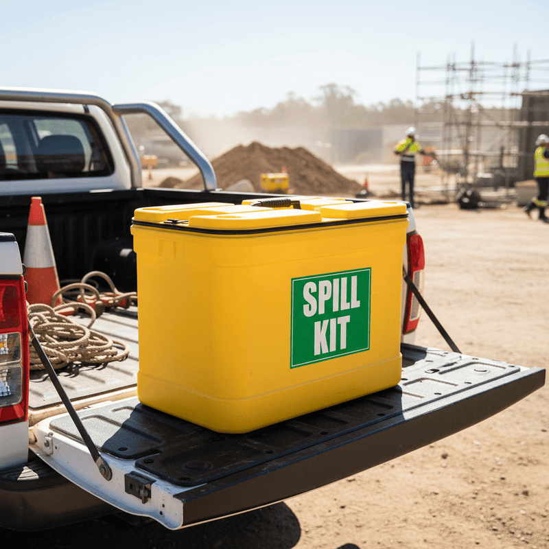 Spill kit sticker on portable bag in ute tray at work site