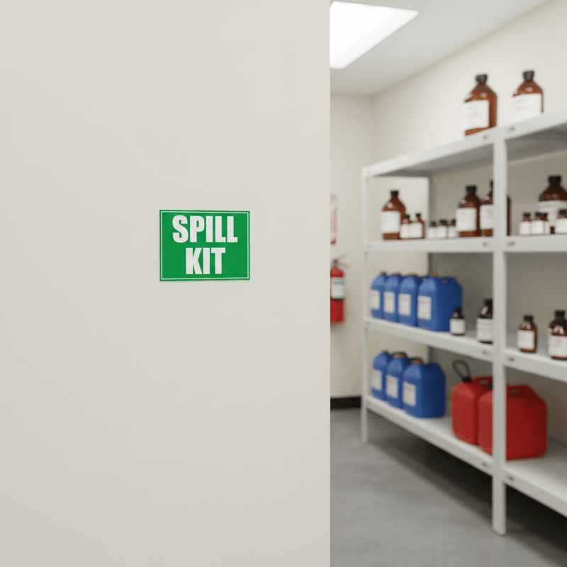 Spill kit sticker on wall in chemical storage room