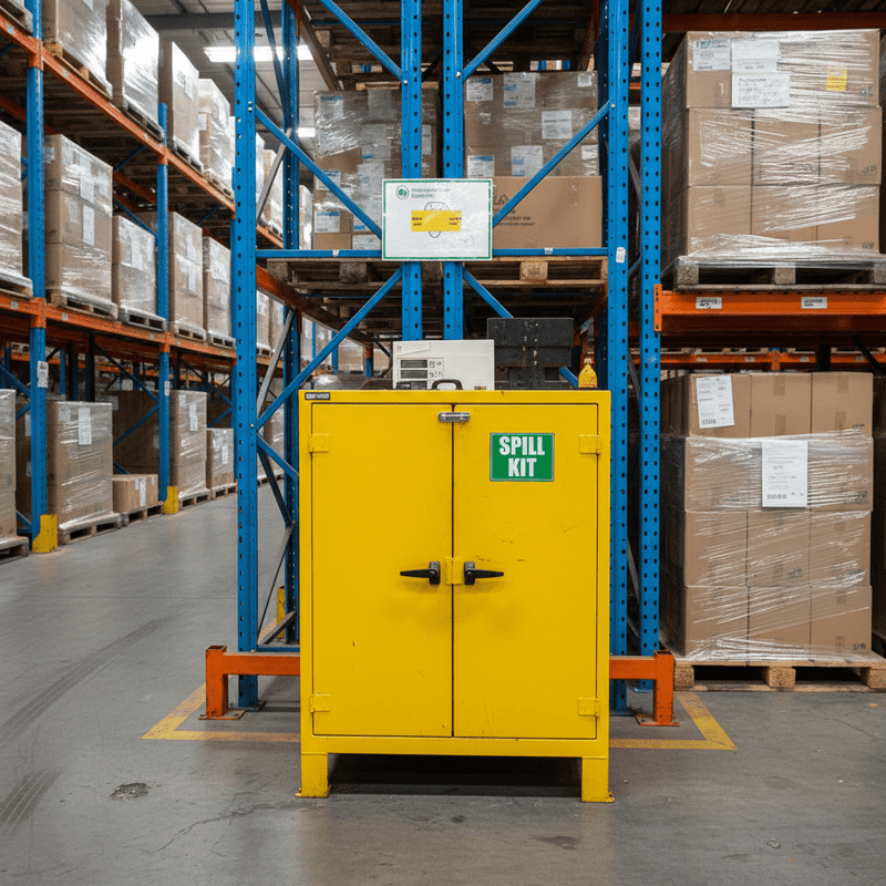 Spill kit sticker on yellow cabinet in warehouse