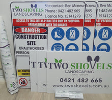 Load image into Gallery viewer, Zoomed in square Two shovels signage (Proof of concept with the customer using the decals purchased) 
