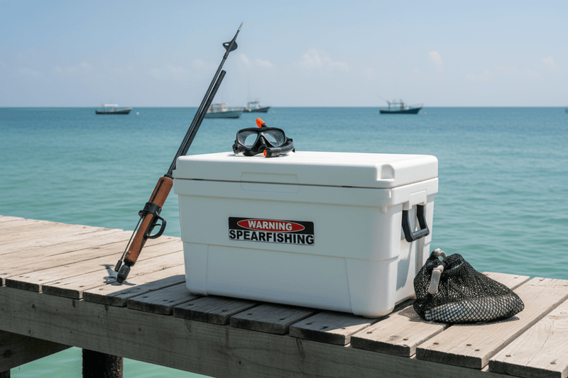 Sticker on cooler at beach