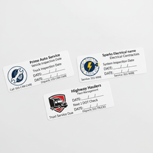 Load image into Gallery viewer, Three custom stickers showing car service fleet and electrical contractor branding
