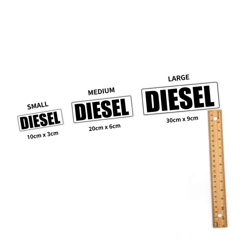 Three diesel sticker sizes with ruler