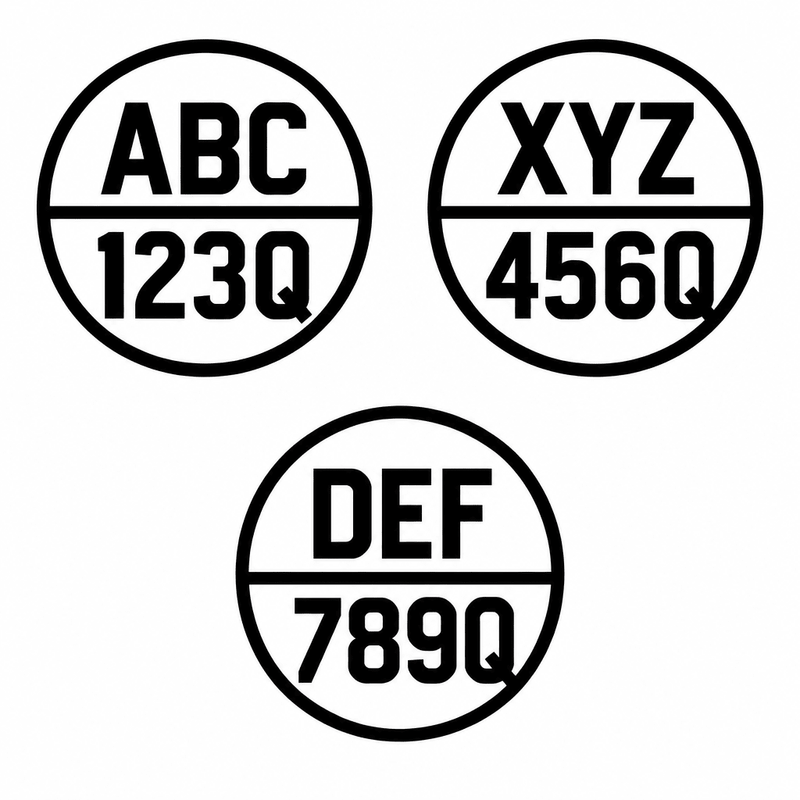Three illustrative registration-number designs on round decals
