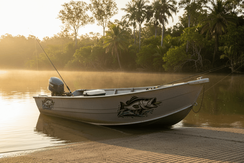 Tinnie boat ramp sunrise with a barra decal