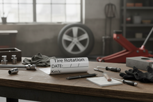 Load image into Gallery viewer, Tire rotation sheet on bench
