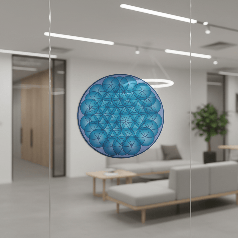 Trippy 3D pyramid sticker on office glass