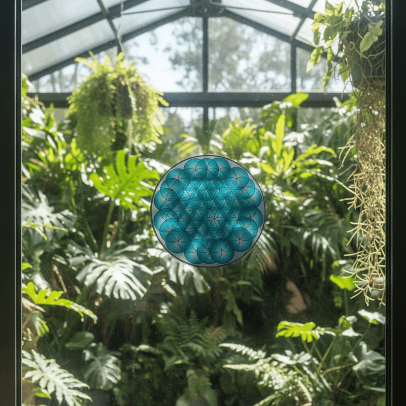 Trippy pyramid clear sticker on conservatory window