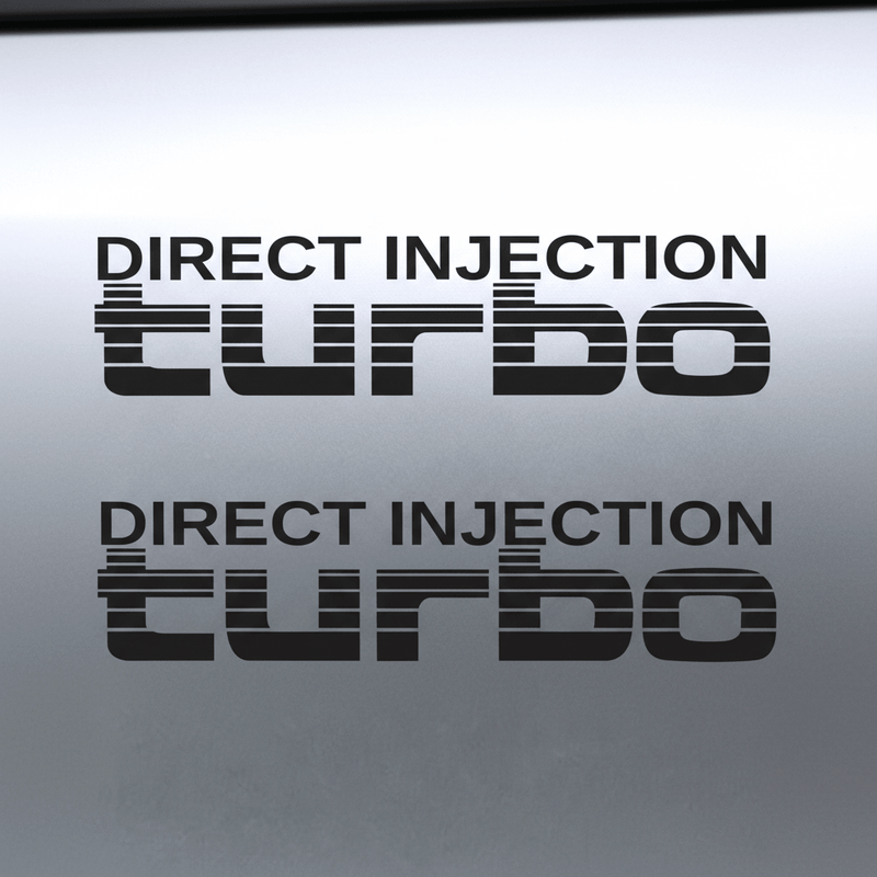 Two black Direct Injection turbo stickers stacked on grey panel