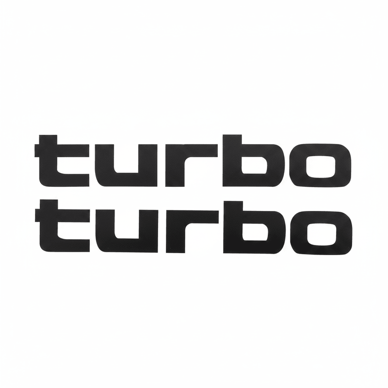 Two black solid turbo stickers flat lay on white