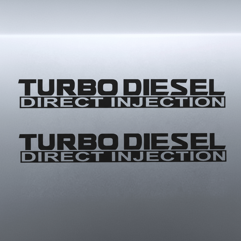 Two black Turbo Diesel Direct Injection stickers stacked on grey panel
