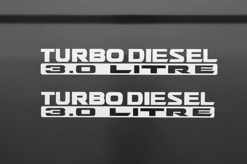 Two white Turbo Diesel 3.0 Litre stickers stacked