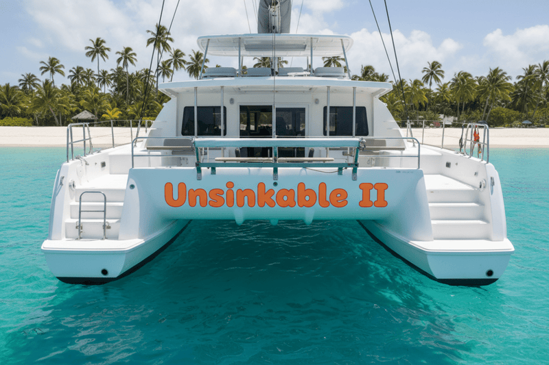 Unsinkable II - catamaran turquoise anchorage