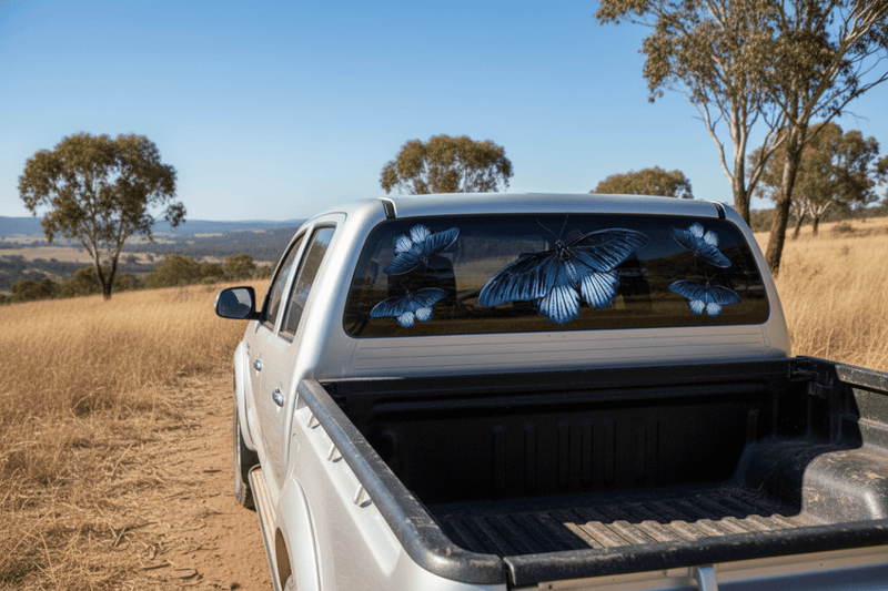 Ute rear window blue butterfly