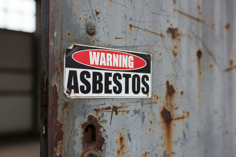Warning Asbestos close-up on metal door