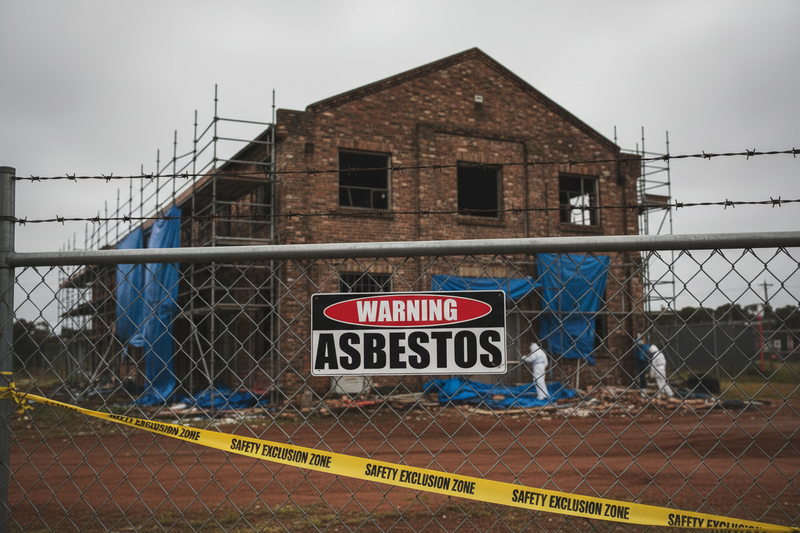 Warning Asbestos on chain-link fence
