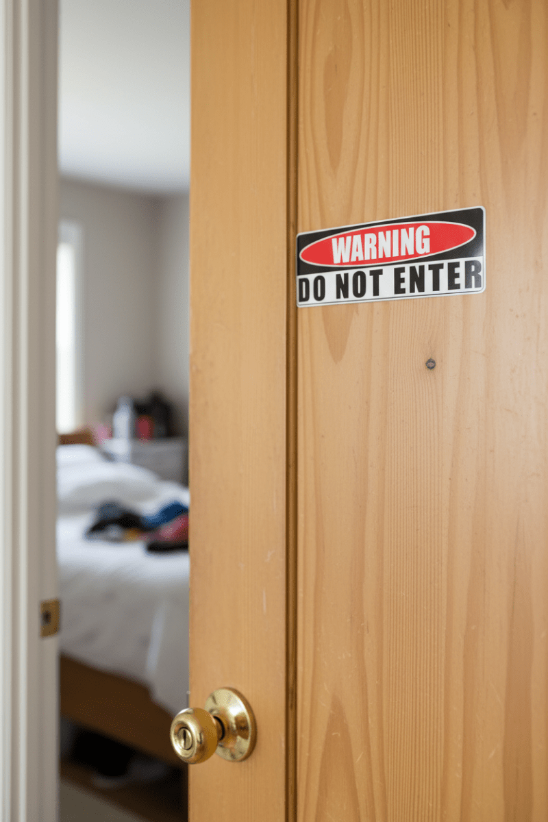 warning do not enter decal On bedroom door