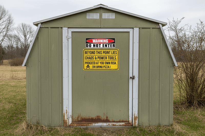 warning do not enter decal On garage/shed door