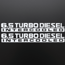 Load image into Gallery viewer, White 6.5 Turbo Diesel Intercooled stickers on dark background
