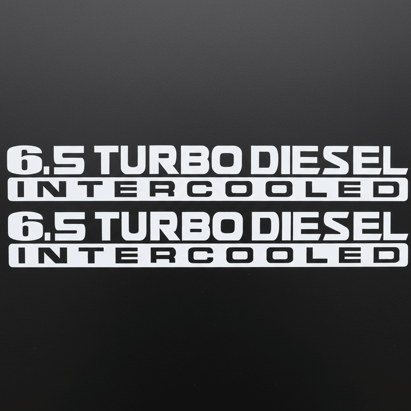 White 6.5 Turbo Diesel Intercooled stickers on dark background